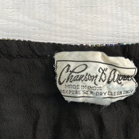 1980s Vintage Sequined Beaded Silk Short Sleeve Black Top S - Picture 4 of 5